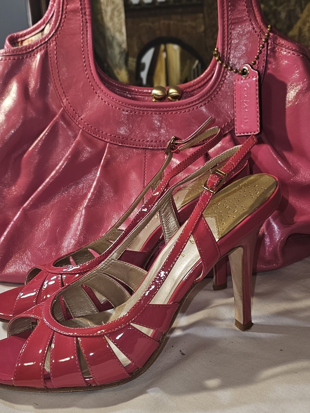 Cole Haan Pink Patent Slingback Heels with Gold Accent